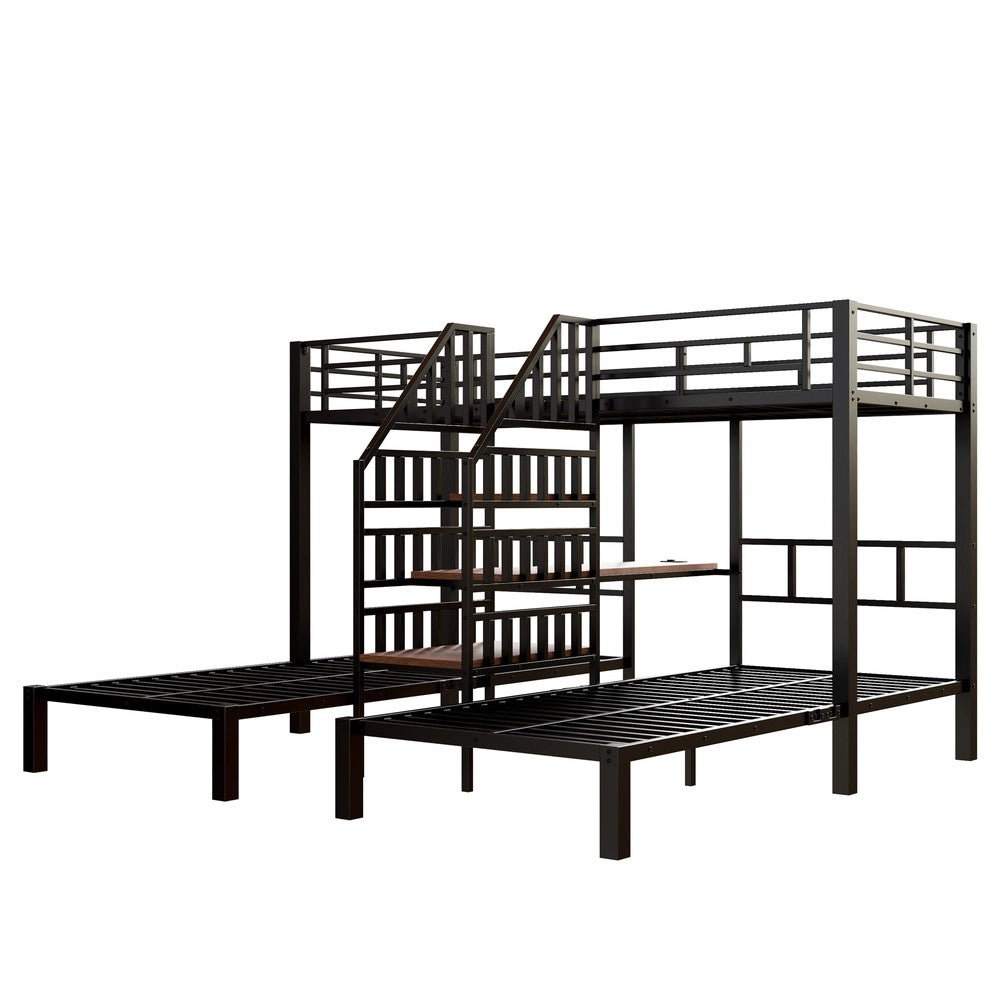 Letto a Castello 3 Posti con Scrivania e Scaffale ¨C Xylo ¨C Nero, LED, USB, 90x200