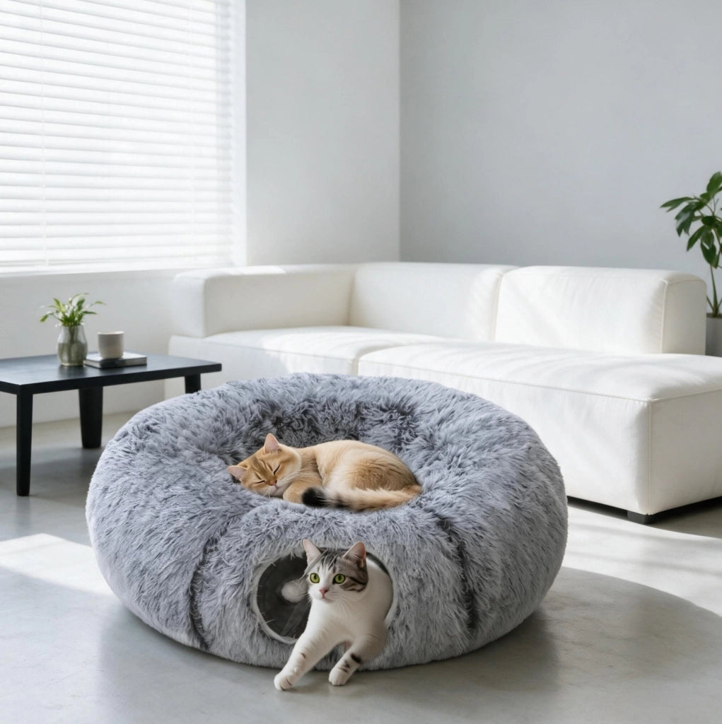 Tunnel per gatti modulabile con cuccia donut e cuscino lavabile grigio chiaro