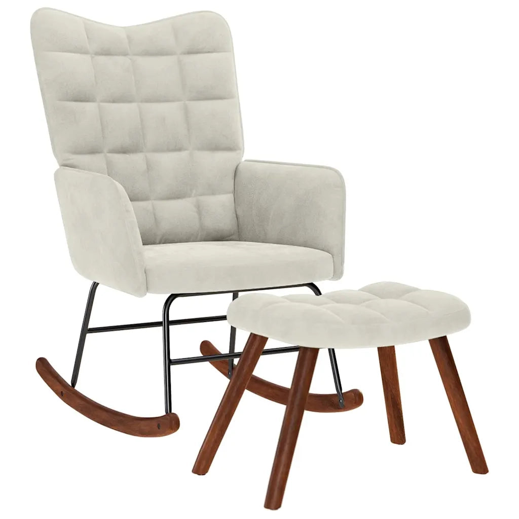 Sedia a dondolo con sgabello in velluto crema 4016852