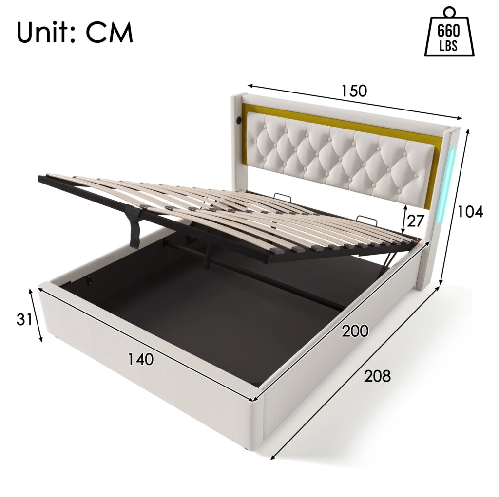 Letto matrimoniale imbottito 140x200 cm con LED, USB e Type-C, contenitore, beige chiaro