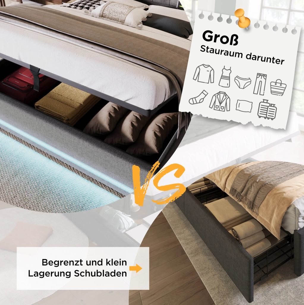 LETTO Contenitore 180x200 cm Grigio in Cotone con USB Type-C e LED
