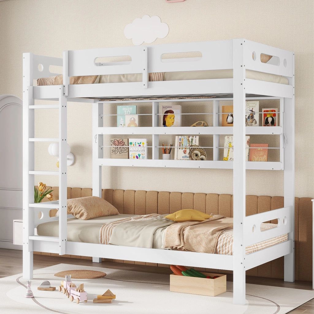 Letto a castello 90x200 cm in legno bianco e naturale con ripiani laterali e scala