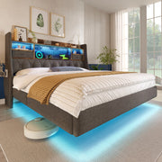 Letto imbottito con LED, USB-C e testiera contenitore, 180x200 cm, grigio