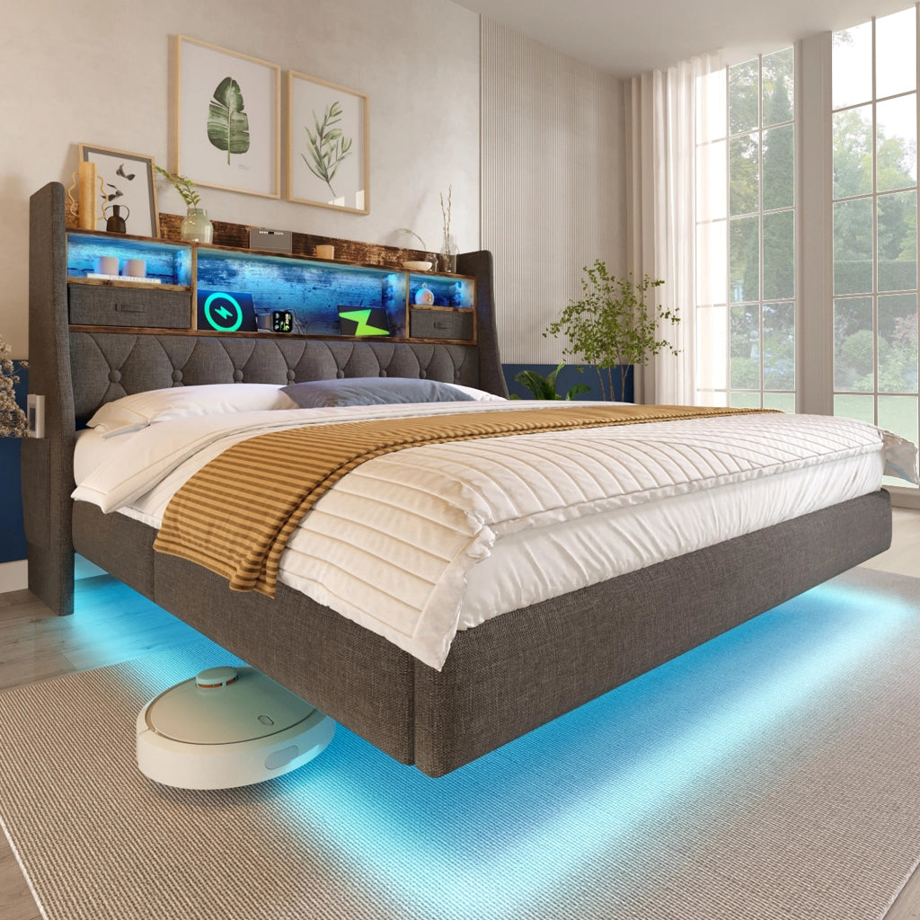 Letto imbottito con LED, USB-C e testiera contenitore, 180x200 cm, grigio