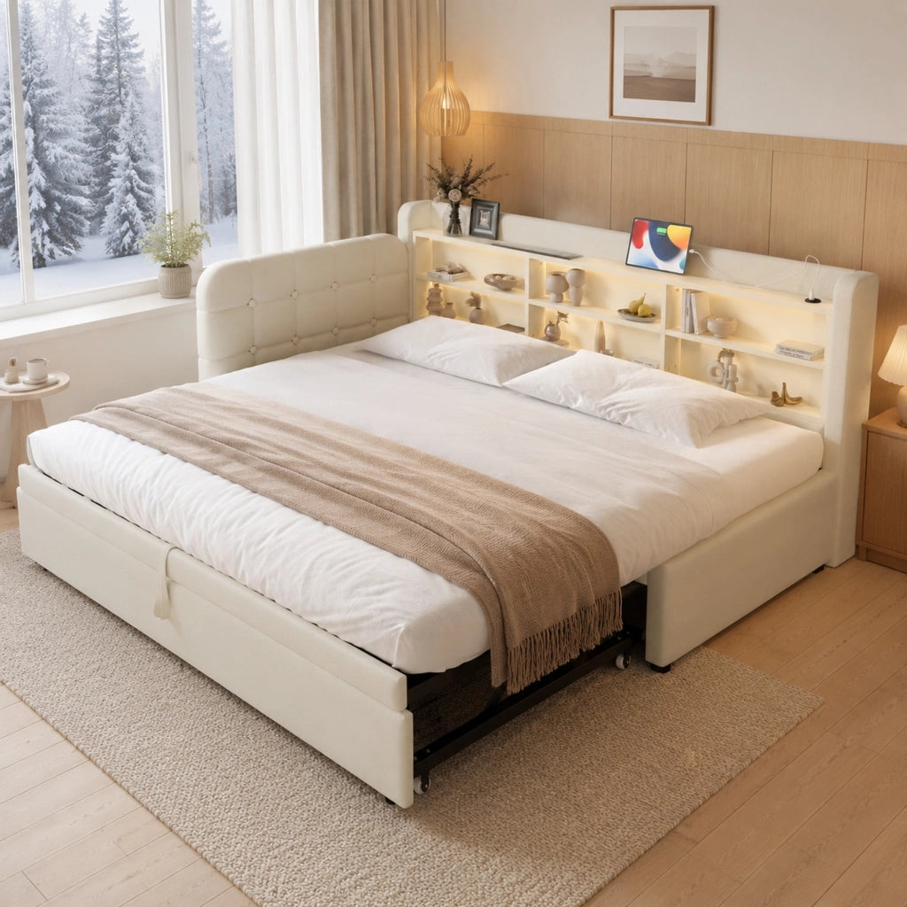 Letto singolo estraibile con USB e Type-C in lino beige con rete a doghe e ripiani integrati