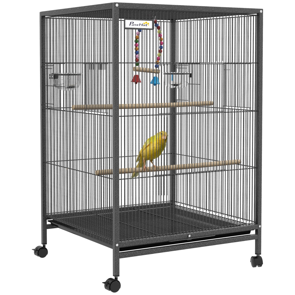 Gabbia per Uccelli ¨C Xylo ¨C Acciaio e PP, 5 Porte, 2 Posatoi, Vassoio Estraibile, 48x46x78 cm, Grigio