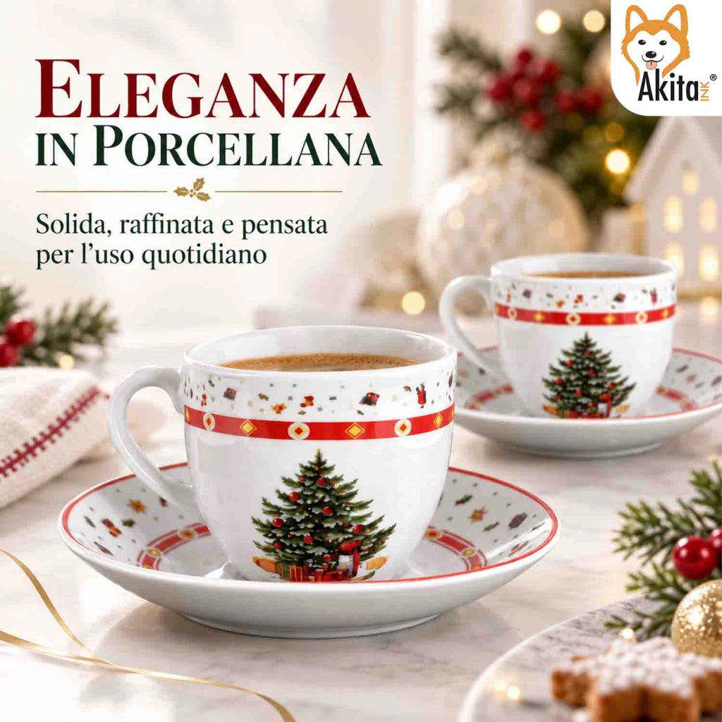 Akitaink 6 Tazzine da Caffe' Christmas Tree con Piattino 90 ml