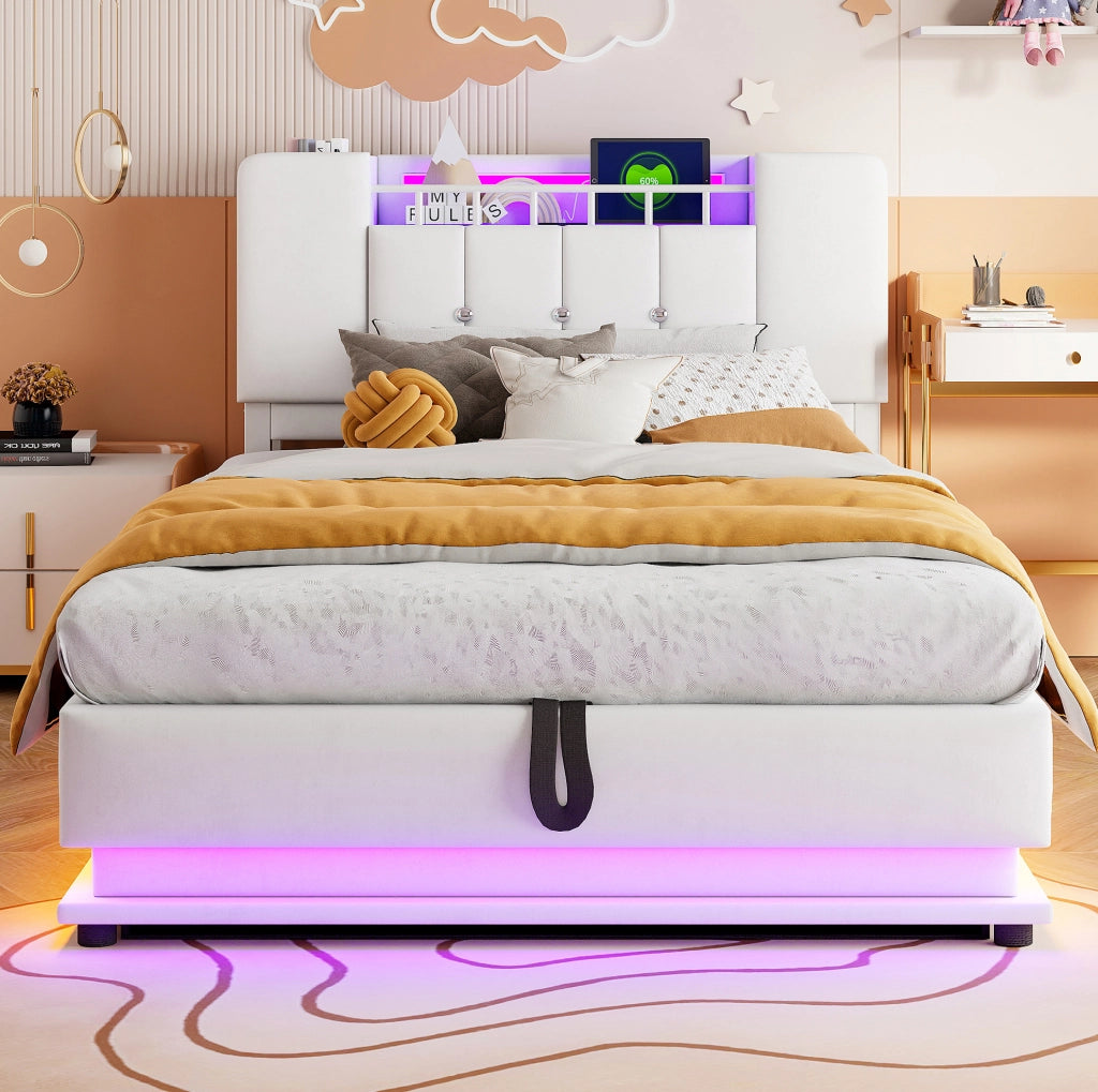 Letto imbottito per bambini 90x200 cm con LED, USB e contenitore idraulico, beige