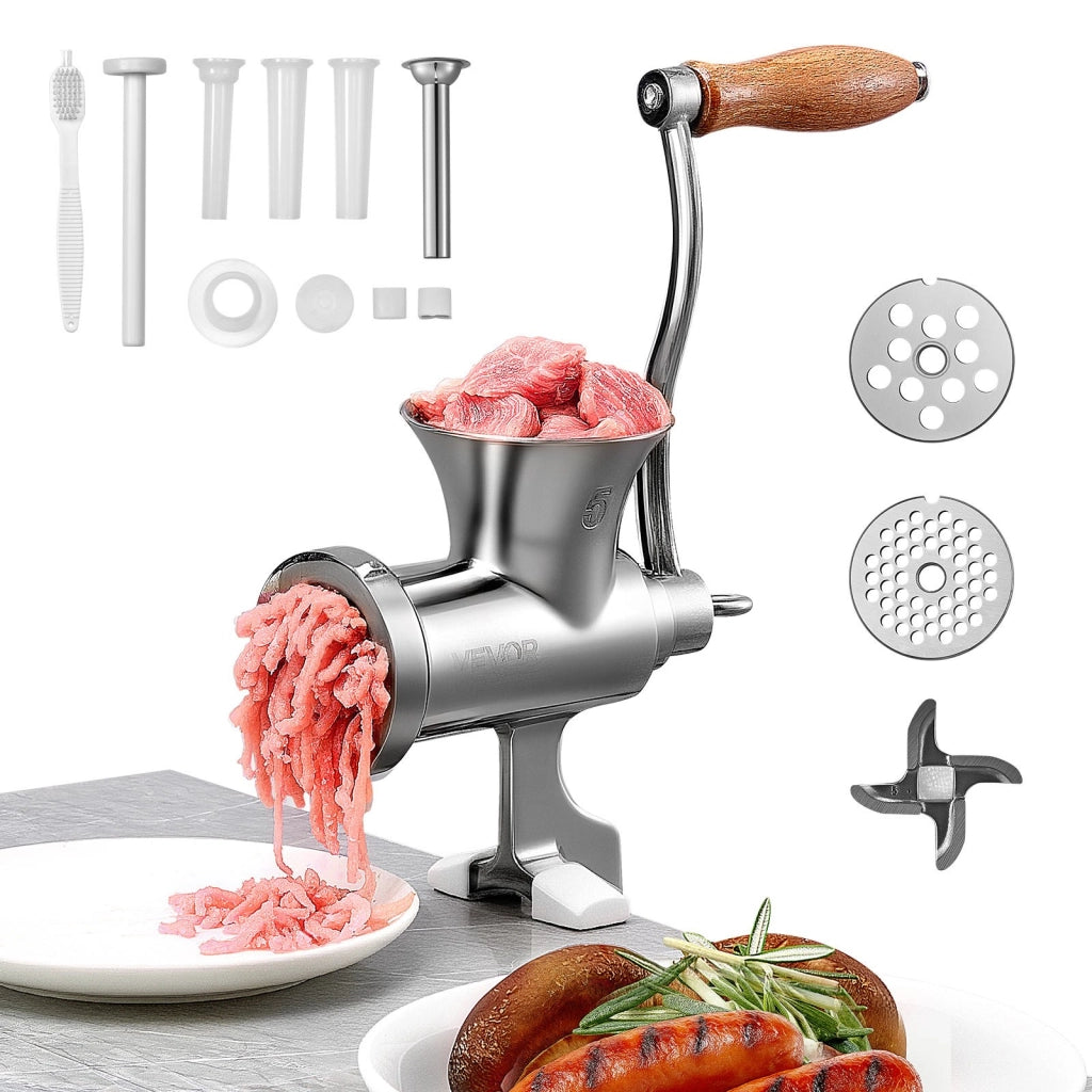 Tritacarne Manuale in Acciaio Inox 304 con Manovella e Morsetto da Tavolo, Insaccatrice con 2 Piastre e 4 Tubi per Salsicce #5