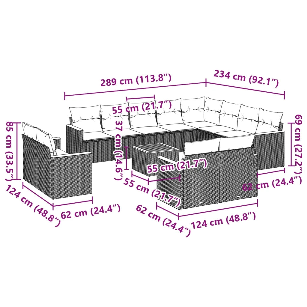 Set Divani da Giardino 13pz con Cuscini Nero in Polyrattan