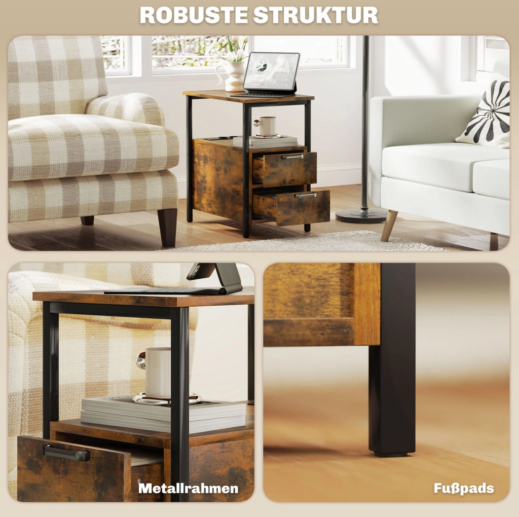TAVOLINO Laterale 55x35x58,5 cm Marrone con 2 cassetti e prese integrate