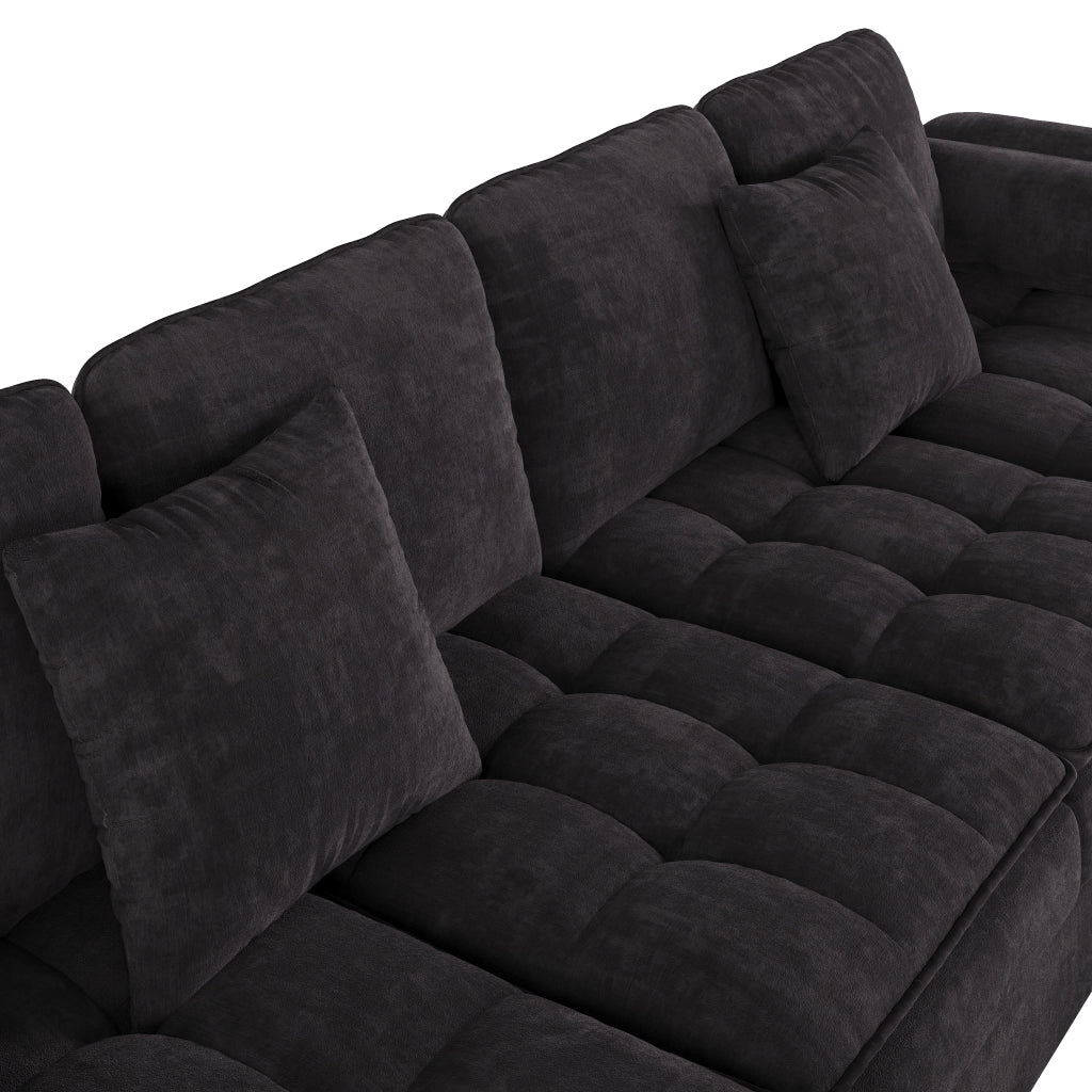 Divano angolare modulare a U 262x134 cm 4-5 posti in chenille nero con 2 cuscini