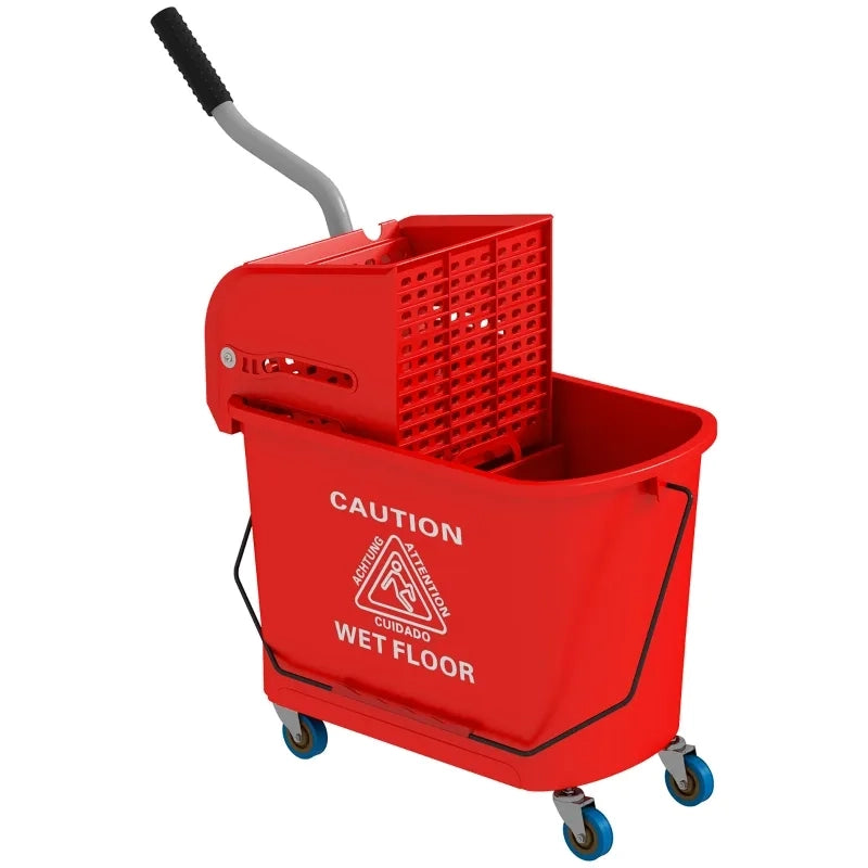 Secchio per mop da 20 L con strizzatore e manico, su ruote, in plastica, rosso