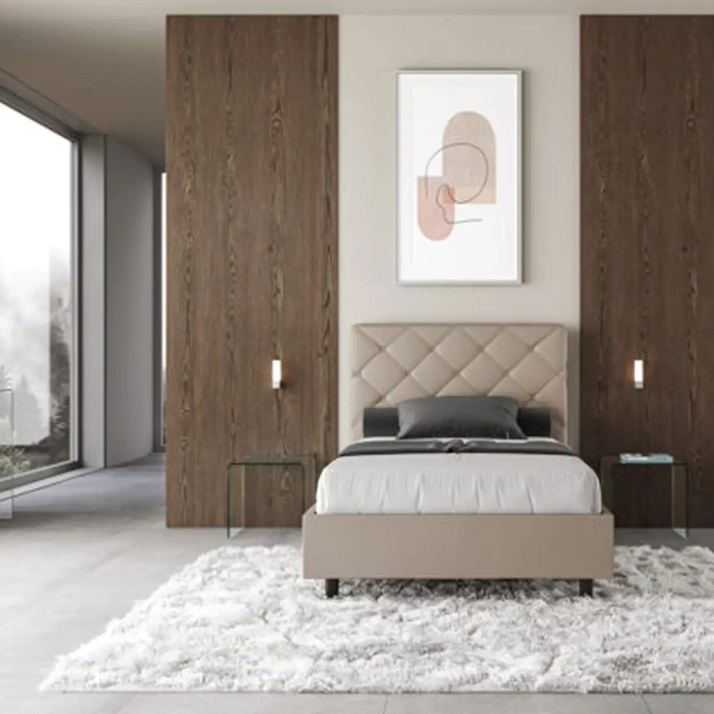 Letto una piazza e mezza con rete imbottito 120x190 similpelle tortora Priya