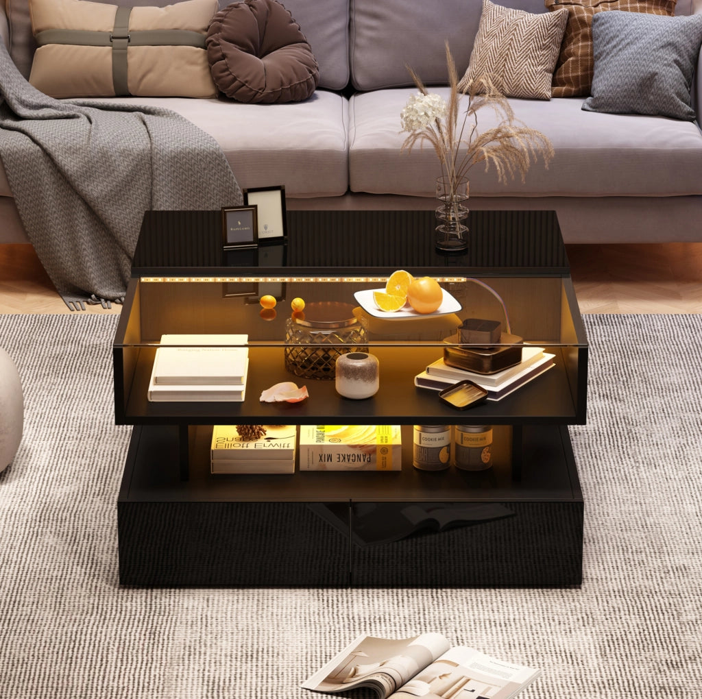 TAVOLINO da caffè 80x80x45 cm nero con LED e 2 cassetti