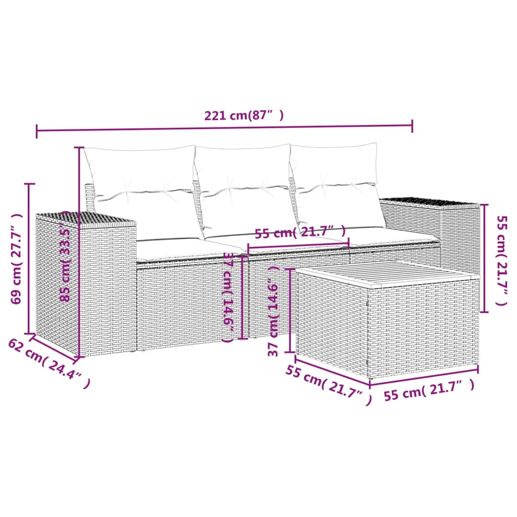Set Divano da Giardino 4 pz con Cuscini Beige in Polyrattan