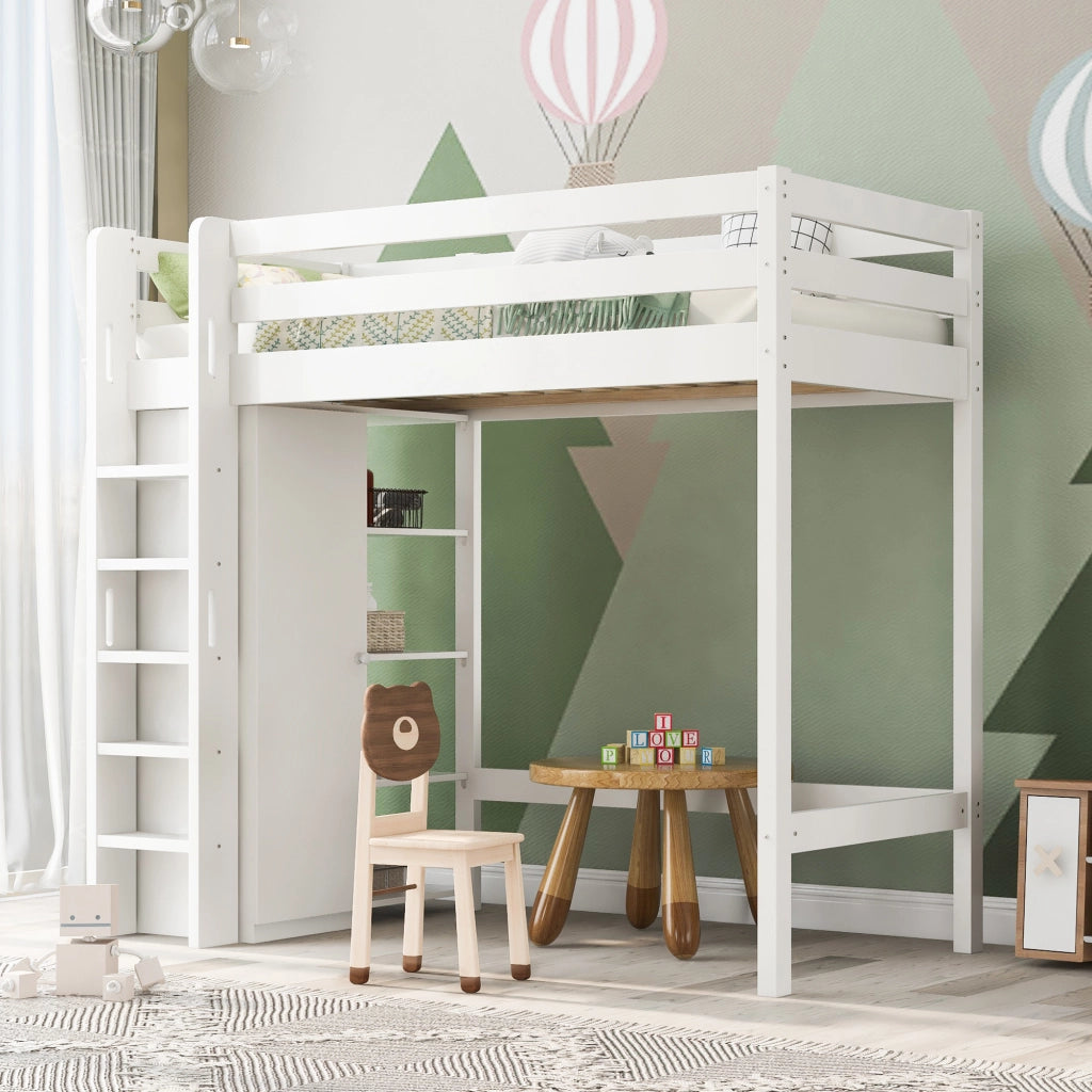 Letto a soppalco per bambini 90x200 cm; bianco con armadio e 6 scaffali