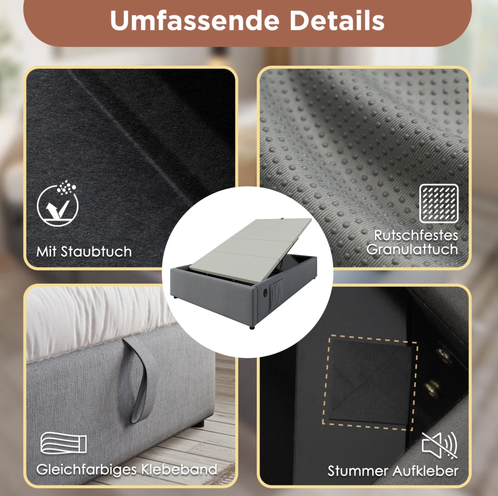 LETTO Contenitore 160x200 cm Grigio con USB Type-C senza testiera