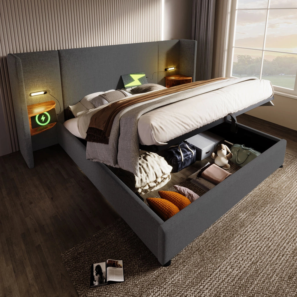 Letto matrimoniale contenitore 180x200 grigio con comodini integrati