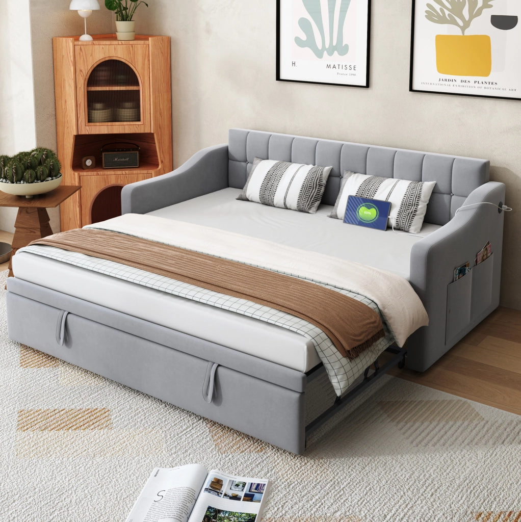 Divano letto imbottito allungabile 90x190 cm, grigio chiaro