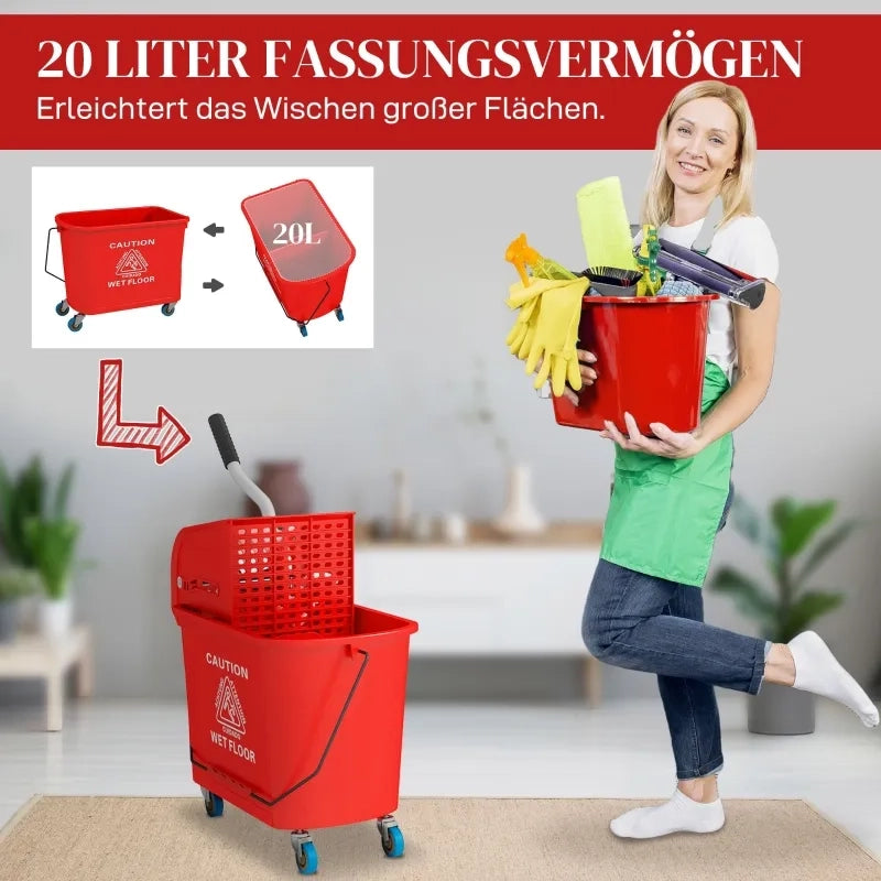 Secchio per mop da 20 L con strizzatore e manico, su ruote, in plastica, rosso