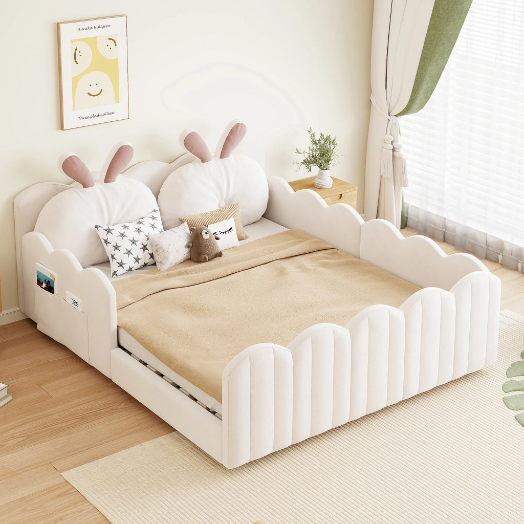 Letto per Bambini 140x200 cm, con Cuscino a Orecchie di Coniglio e Sponde - Beige