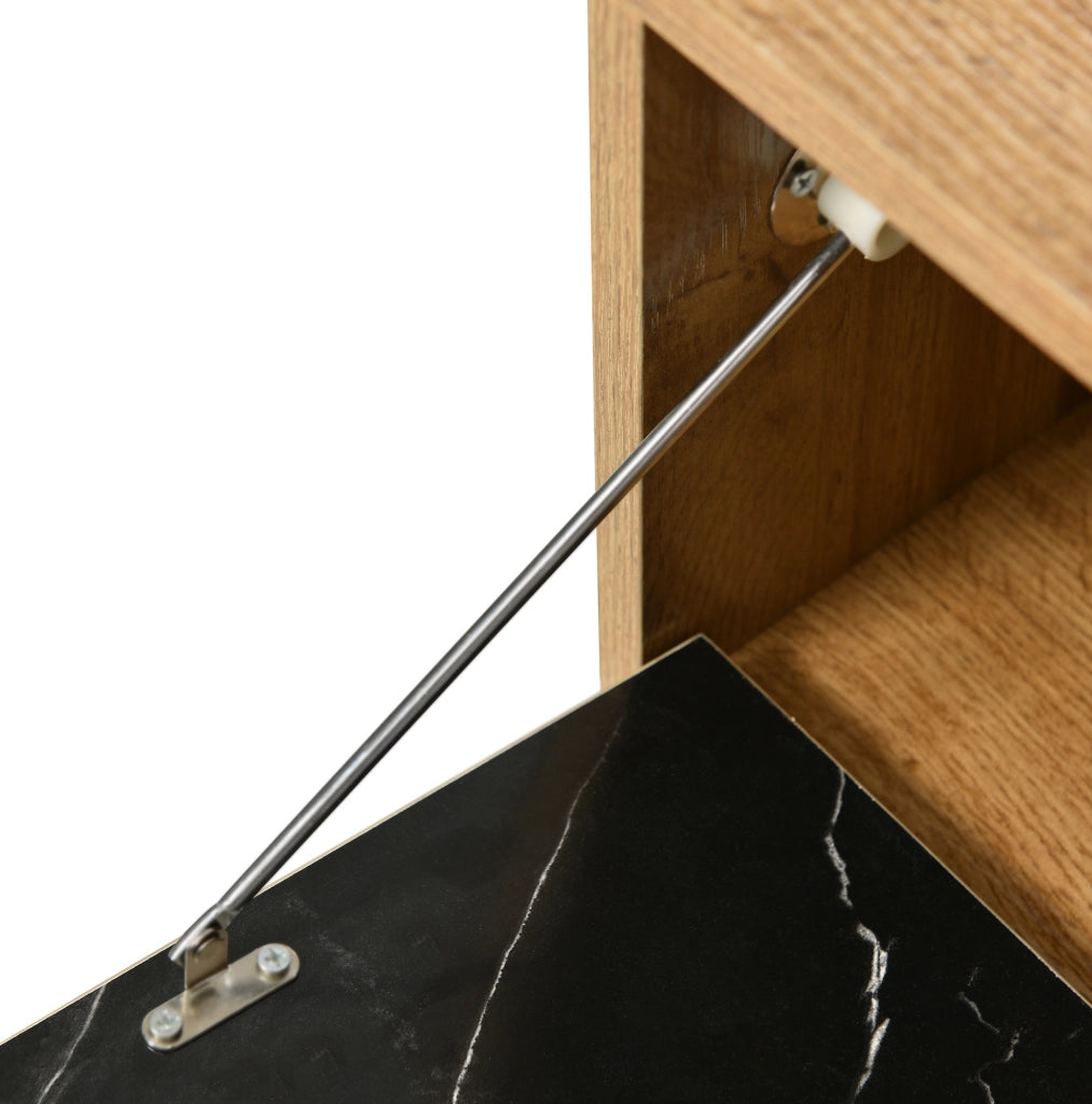 Mobile TV con ripiani in MDF e truciolare, gambe in ferro e design marmo