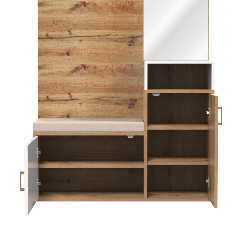 Set da ingresso bianco e legno con specchio, scarpiera, appendiabiti, panca e ganci