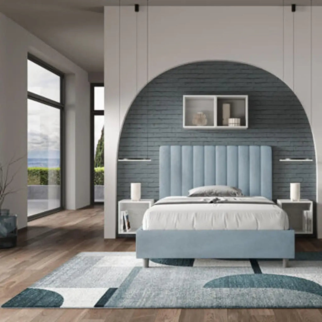 Letto una piazza e mezza contenitore imbottito 120x200 microfibra azzurro Agueda