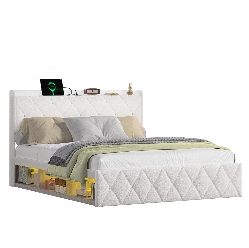 Letto matrimoniale 140x200 cm Teddy bianco con LED e ricarica USB