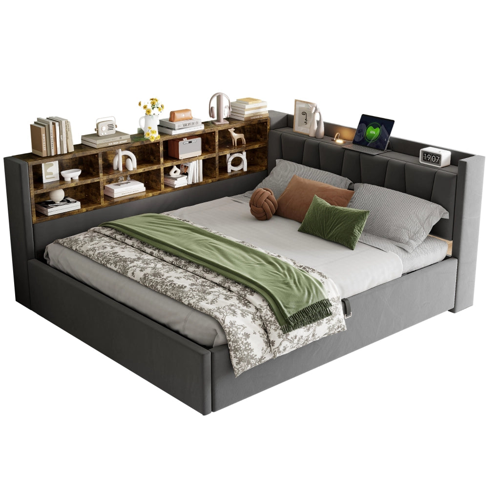 Letto imbottito 140x200 cm con contenitore, USB e luce notturna