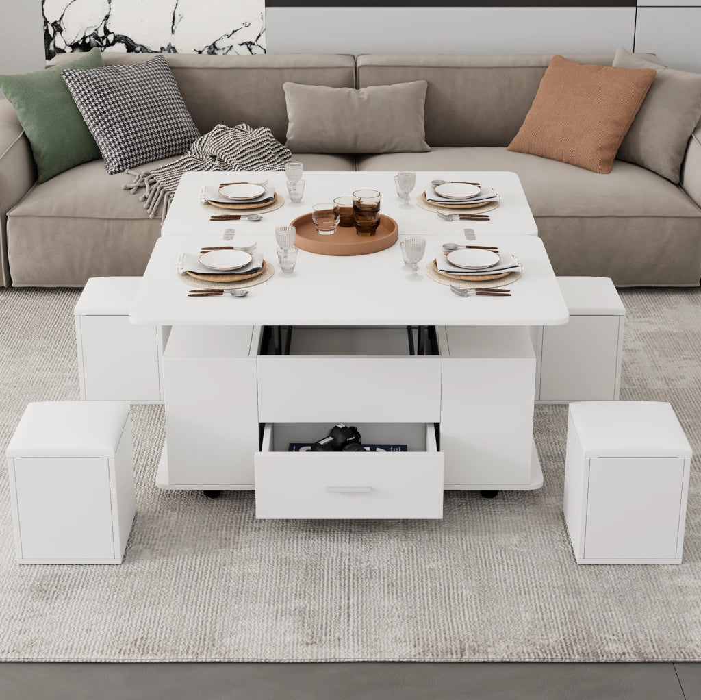 TAVOLO da caffè sollevabile 100 x 50 cm bianco con 4 sgabelli