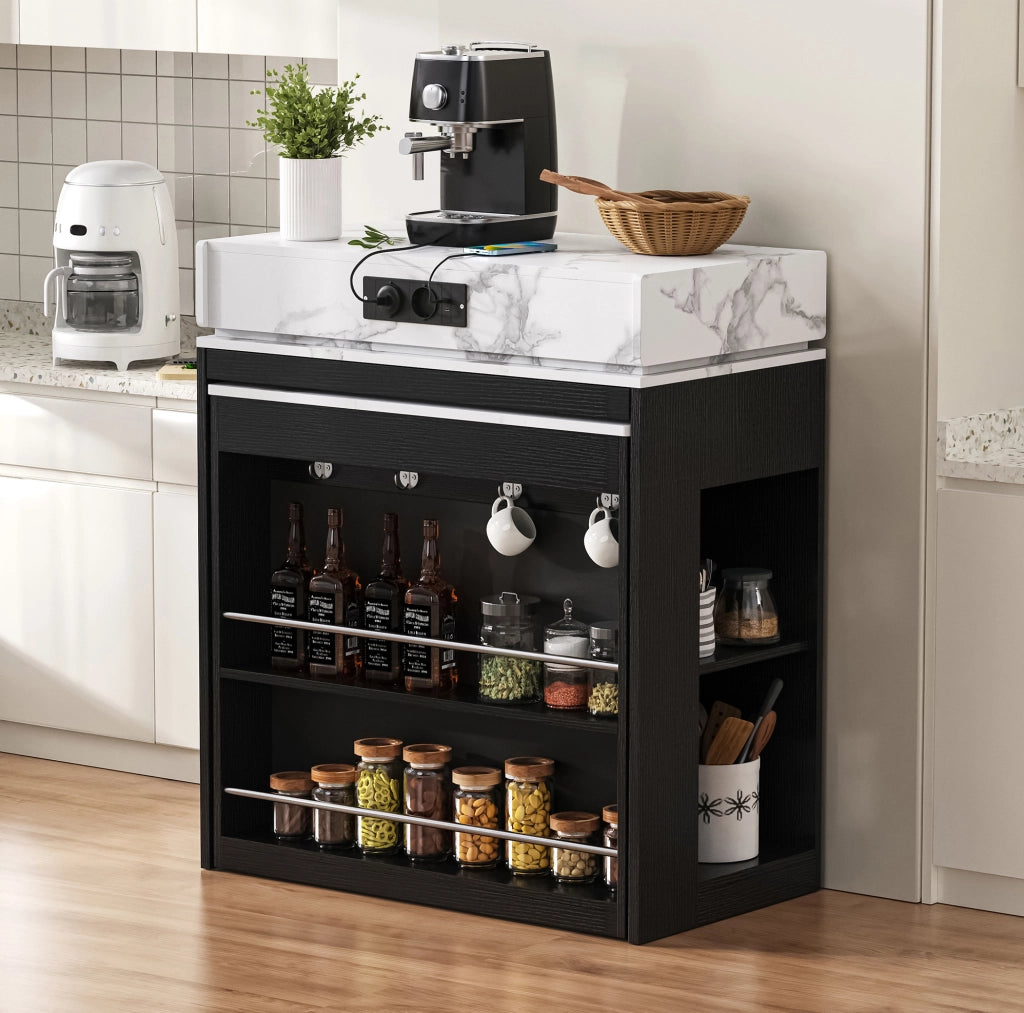 Isola cucina estensibile con prese e contenitore nera