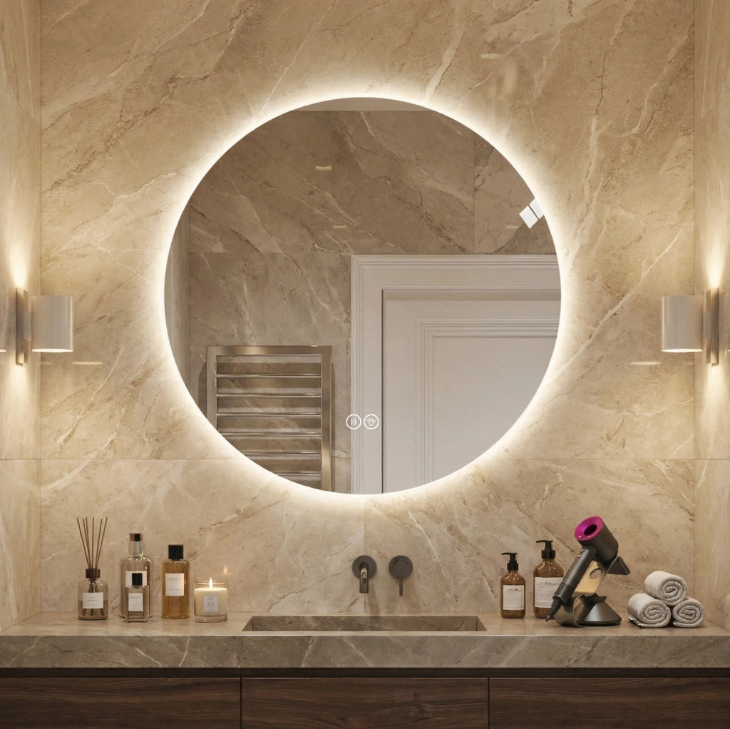 Specchio bagno rotondo ULEVR 80 cm con LED frontale e retroilluminazione, antiappannamento, luce dimmerabile