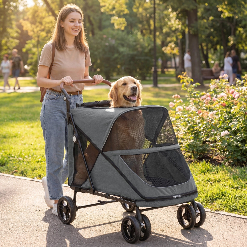 Carrello per Cani Pieghevole ¨C Minimal ¨C Grigio 360¡ã Ruote Rete Cuscino