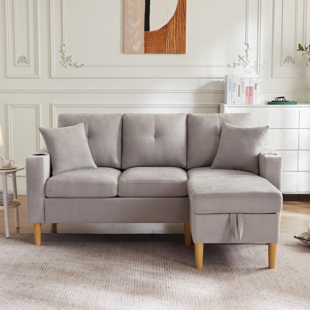Divano angolare a 3 posti con chaise longue reversibile e vano contenitore grigio chiaro 90 × 175 × 129 cm