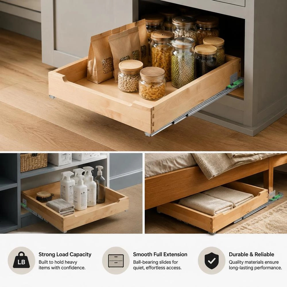 Extendable Cabinet Organizer, Drawer Shelf (356 X 533 X 76 Mm) With Soft-close Mechanism, Wooden Sliding Drawer, Bottom And Side Mounting, For Kitchen, Pantry, Bathroom