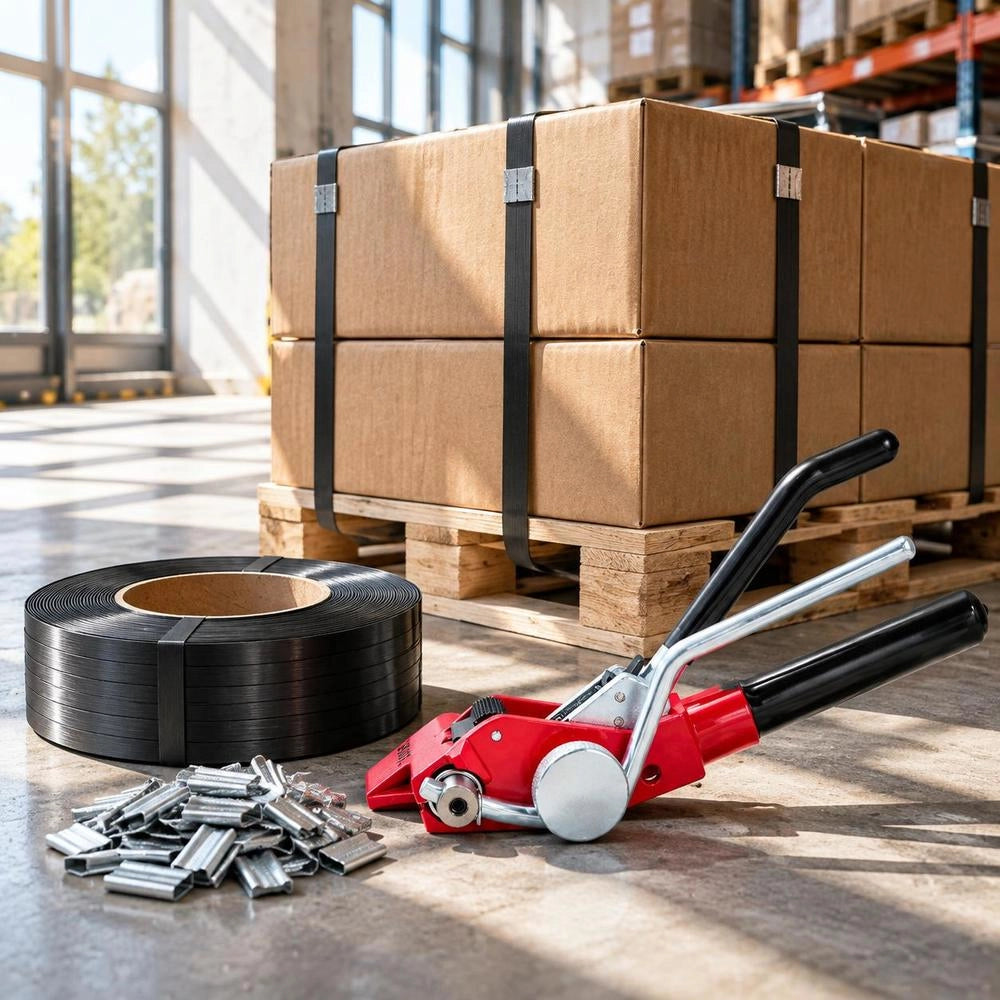 Steel Banding Strapping Kit, Heavy Duty Banding Sealer Tool With 100 Ft Binding Straps, 100 Metal Clasps, Manual Pallet Packaging Strapping Kit For Warehouse, Transportation, Industrial Bundling