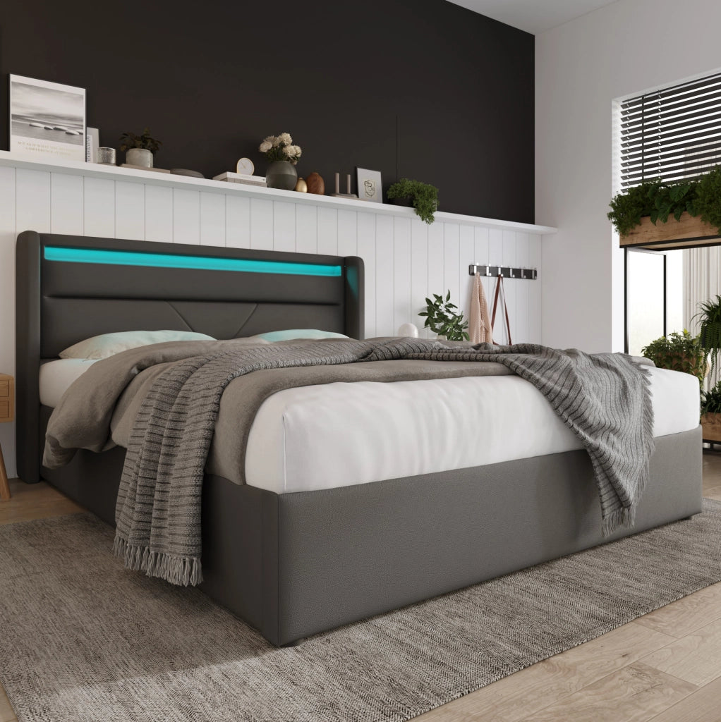 LETTO Contenitore 140x200 cm in PU Grigio con LED e telecomando