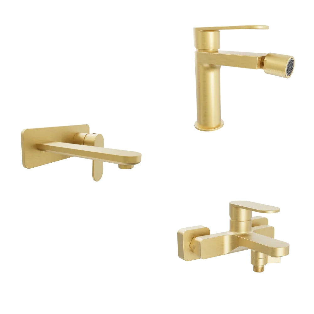 Set miscelatori lavabo ad incasso placca squadrata bidet miscelatore esterno vasca oro spazzolato | Margot