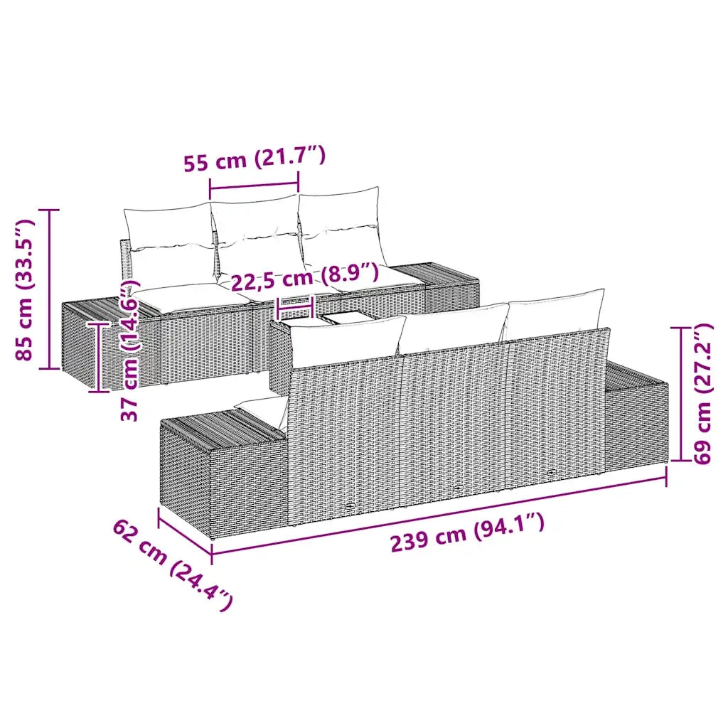 Set Divano da Giardino con cuscino 7 pcs Nero polyrattan 3346947