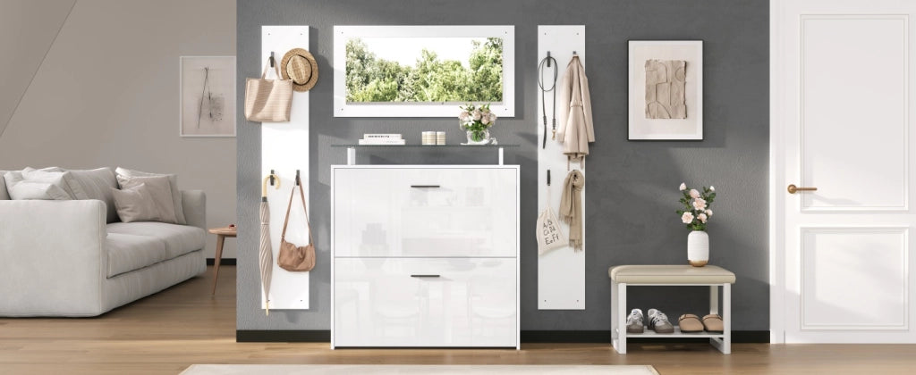 Set Mobili Ingresso 4 Pezzi Scarpiera Bianco Lucido Specchio e Appendiabiti