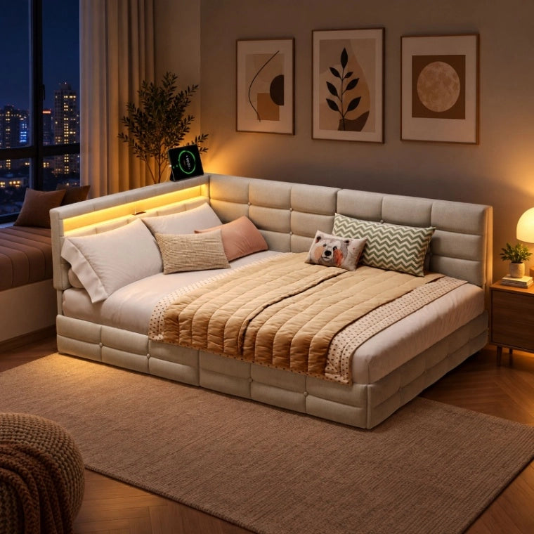 Divano letto multifunzionale 140x190; letto imbottito a L con LED e USB; Letto Matrimoniale con Rete a doghe e Testiera con Contenitore; Lino Beige