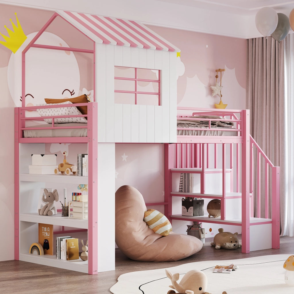 Letto in ferro 90×200 cm rosa; design della casa; corrimano alto; mensole; scala montabile su entrambi i lati