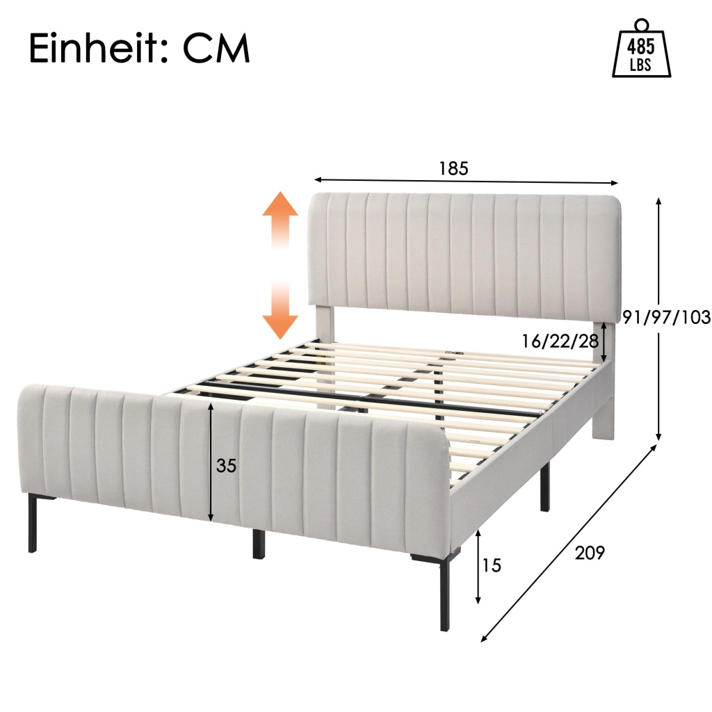 Letto matrimoniale imbottito 180x200 cm con rete a doghe e testiera regolabile