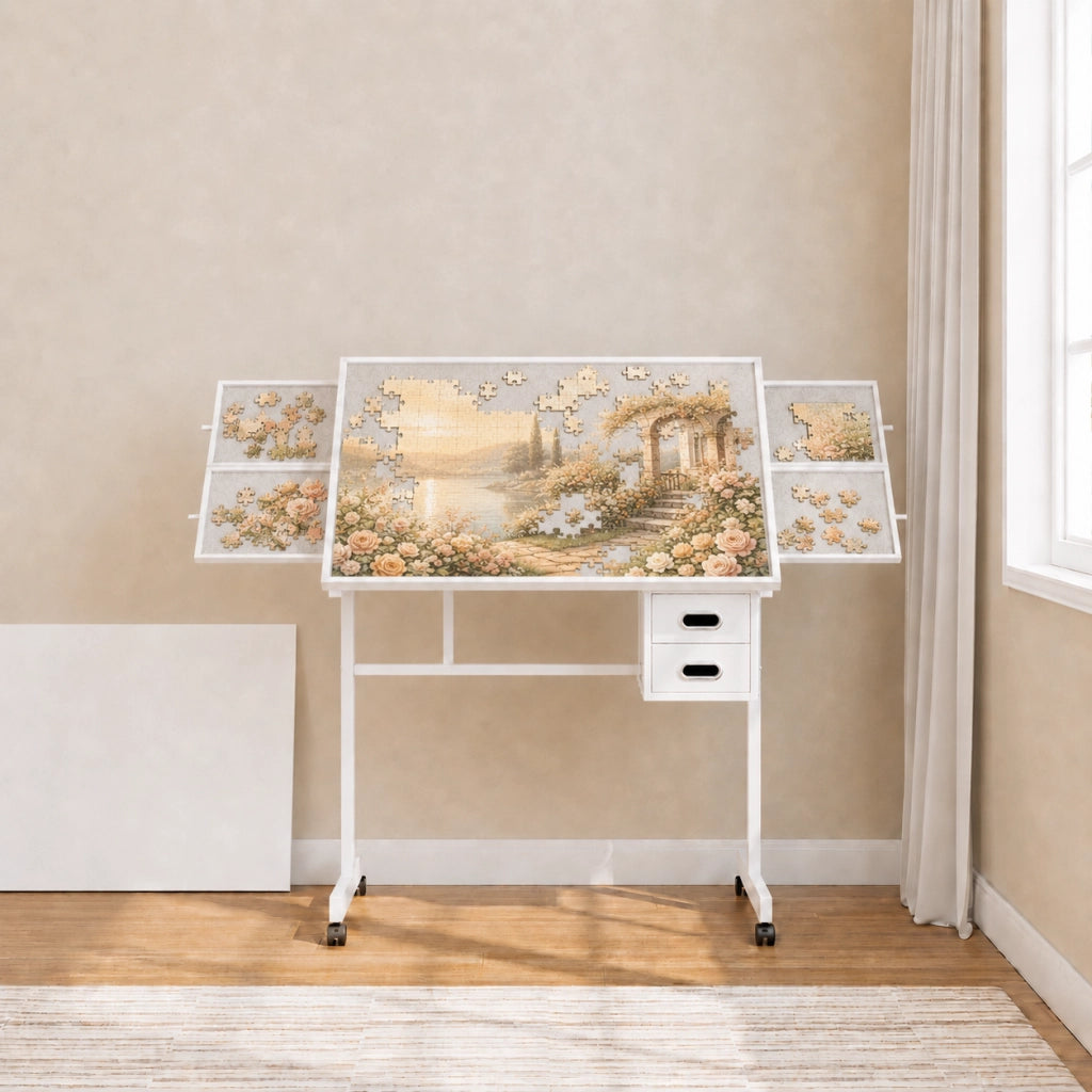 Tavolo per puzzle fino a 1000 pezzi con copertura protettiva in MDF e metallo bianco