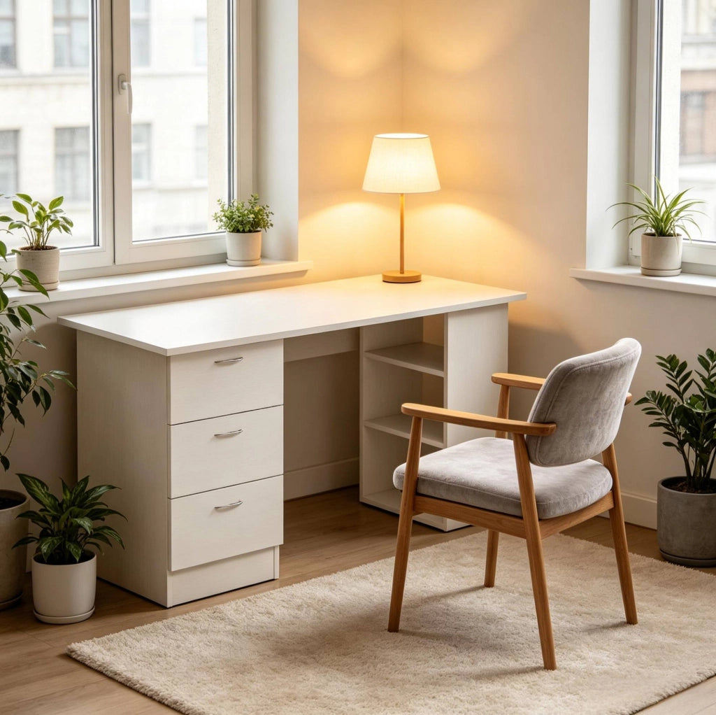 Scrivania da Ufficio in MDF Bianca con 3 Cassetti e 3 Ripiani, 120x49x72 cm