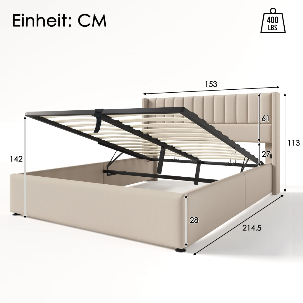 Letto contenitore 140x200 cm imbottito in lino beige