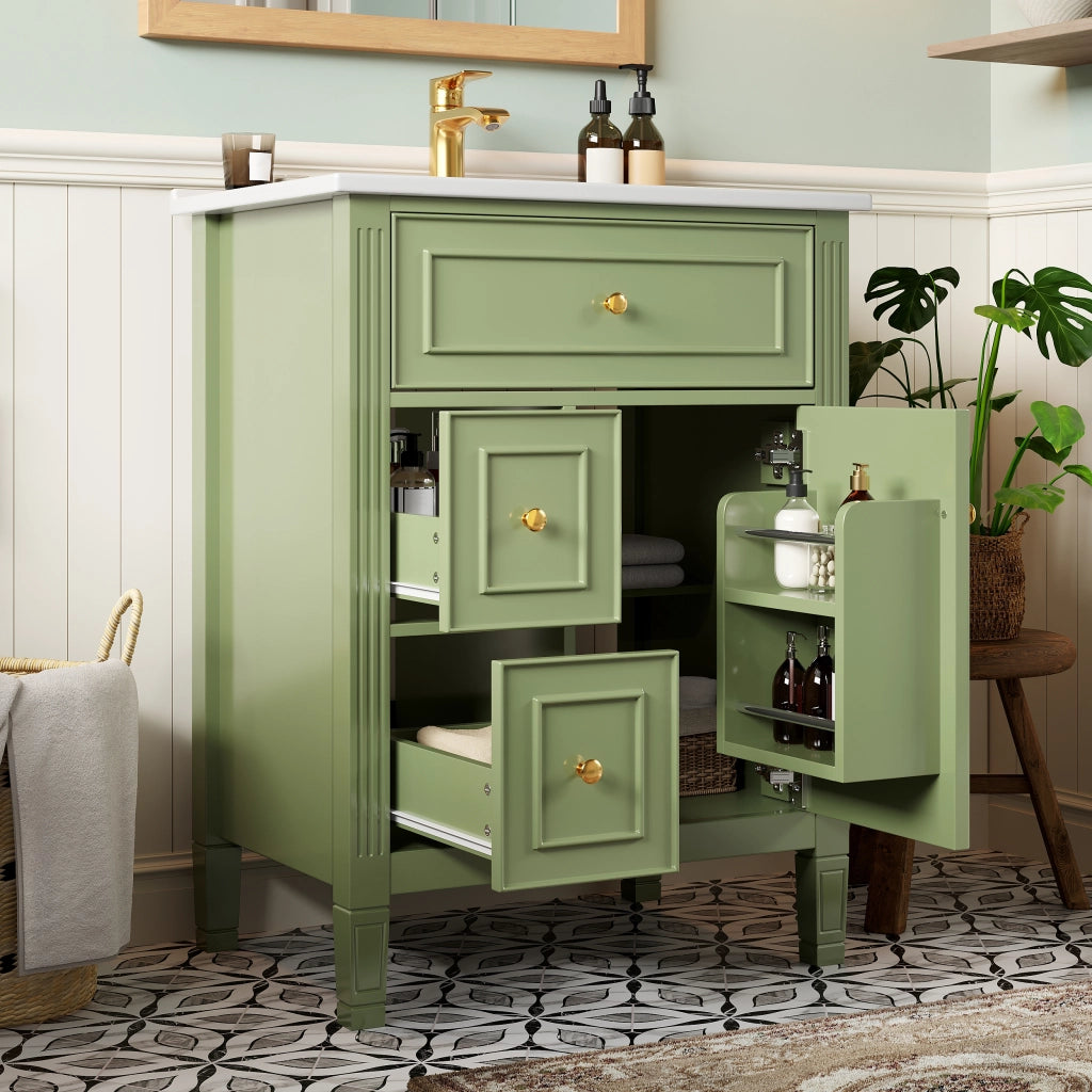 Mobile Bagno a Terra 61 cm con Lavabo in Ceramica; 3 Cassetti e 1 Anta; MDF; Verde Lucido