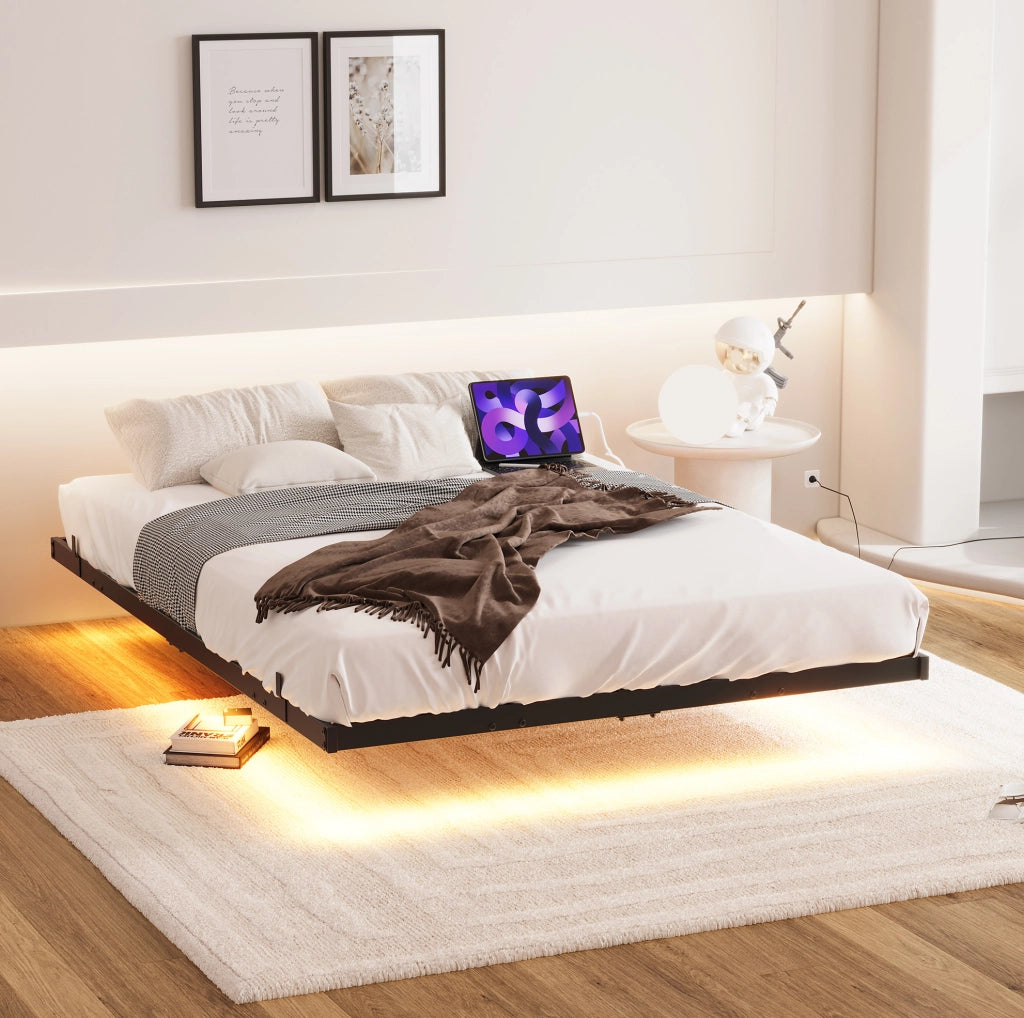 Letto sospeso in metallo 120x200 cm con LED e stazione di ricarica; nero